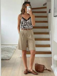 SHEIN LUNE Camiseta de tirantes con cuello en V, estampado animal y encaje en contraste, de moda y versátil para mujer - Multicolor - Ver 2