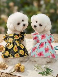 PETSIN 一件黄色雏菊和粉色玉兰花印花宠物连衣裙，轻柔透气，适合夏季度假穿着，泡泡袖设计，宠物服装 - 彩色 - 查看 2
