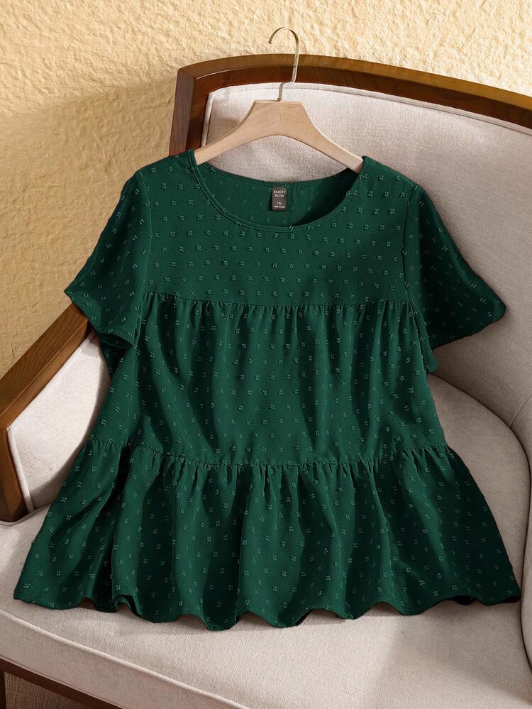 Plus Size Women's Solid Color Round Neck Ruffle Short Sleeve Loose Shirt,Boho For Women/Summer,Western Wear Women,Vacation Outfits Woman
