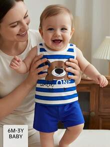 SHEIN Playful Pals 2件套0-3岁婴幼儿男童休闲条纹小熊印花背心短裤套装，适合所有季节、短途旅行、假期、郊游，适合3个月至24个月的男婴，男婴服装，男童夏季服装，婴幼儿服装，男童服装，价格实惠的男童套装，男童卡通套装，男童背心套装，男童夏季套装，男童短裤套装，男童背心套装，男童夏季套装，男童短裤套装 - 藍色 - 查看 3