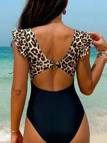 Swim Vcay 一件装多色豹纹印花黑色扭结荷叶边休闲度假派对沙滩连体泳衣女款 - 彩色 - 查看 2