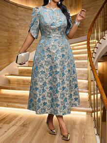 Fleurora 大码女式花卉提花圆领花瓣袖优雅连衣裙 - 藍色 - 查看 4