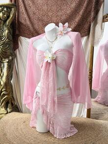 Sunspun 3pcs Plus Size Women Vacation Style Strapless Top, Skirt And Cover-Up Set - Baby Pink - View 5