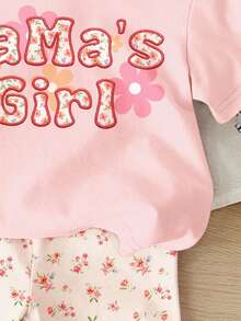 SHEIN Conjunto de Camiseta de Manga Curta e Shorts com Estampa de Letra e Floral para Bebê Menina, Adequado para Uso Diário na Primavera/Verão, Outdoor, Férias, Festival - Multicolorido - Visão 6