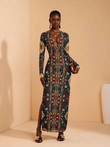 JIAN LASALA Đầm maxi dài tay kiểu boho in họa tiết toàn thân bằng vải lưới, cổ chữ V sâu, khoét hai bên, thích hợp cho kỳ nghỉ, du lịch. - Nhiều màu - Xem 1