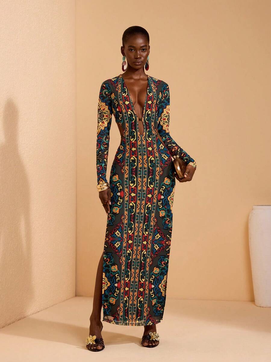 JIAN LASALA Đầm maxi dài tay kiểu boho in họa tiết toàn thân bằng vải lưới, cổ chữ V sâu, khoét hai bên, thích hợp cho kỳ nghỉ, du lịch. - Nhiều màu - Xem 1