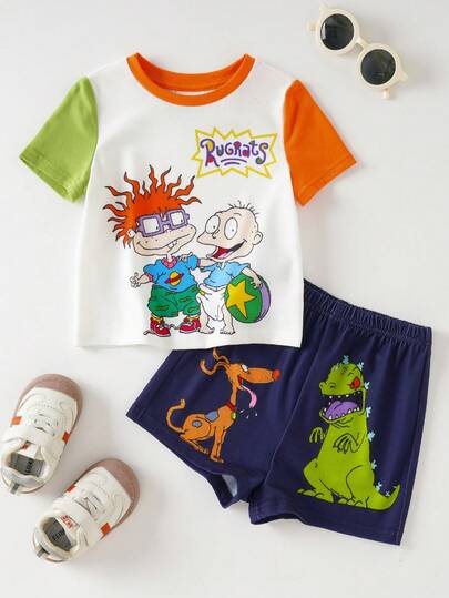 Nick 90s | SHEIN Baby Boy Colorblock Cartoon Print Round Neck T-Shirt And Shorts Casual Outfit
