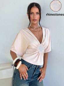 Siren Gaze Pink Sequin Summer Elegant Party Night Women's V-Neck Rhinestone-Embellished Top, Ruched Fashionable Casual Versatile Top - Apricot - View 3