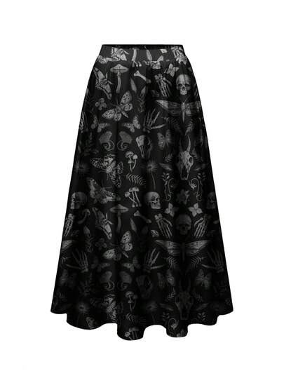 ROMWE Goth 加大码深色森林万圣节骷髅、飞蛾、蝙蝠印花宽松半身裙