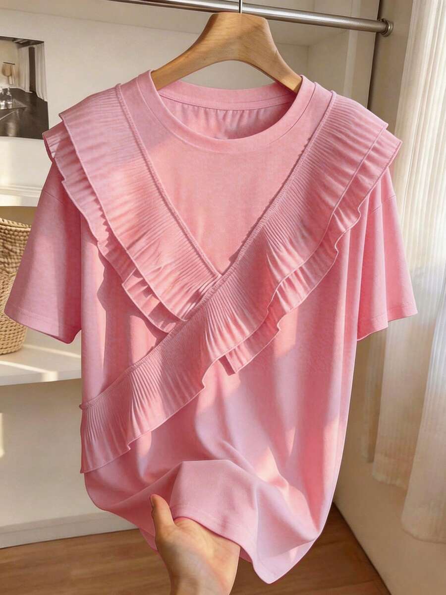 Resyla Lace Trim Decorated Fashionable Minimalist Women's Regular Short Sleeve Round Neck T-Shirt, Gift For Friends - Pink - View 1