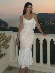 SHEIN MOD 女士不对称领口交叉肩带修身鱼尾蕾丝连衣裙，白色 - 白色 - 查看 5