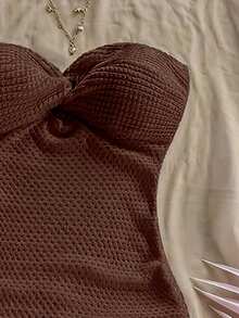 SHEIN WYWH Đầm quây xoắn màu trơn dành cho nữ, chất liệu vải có họa tiết. - Cà phê nâu - Xem 5