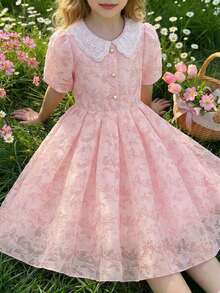 SHEIN 1件少女优雅梭织欧根纱刺绣领奢华珍珠纽扣装饰褶裥下摆短袖连衣裙，适合日常休闲、派对、宴会等场合。 - 粉色 - 查看 1