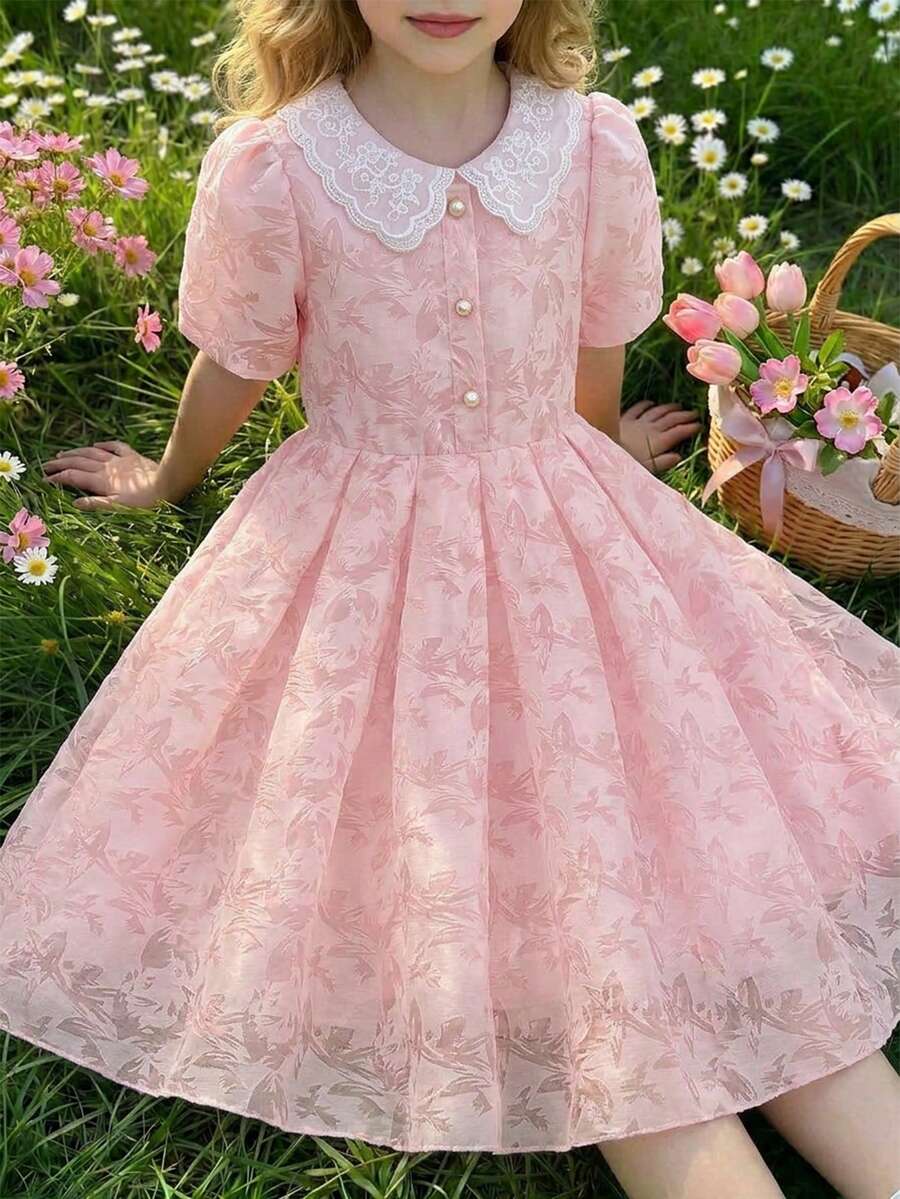 SHEIN 1件少女优雅梭织欧根纱刺绣领奢华珍珠纽扣装饰褶裥下摆短袖连衣裙，适合日常休闲、派对、宴会等场合。 - 粉色 - 查看 1