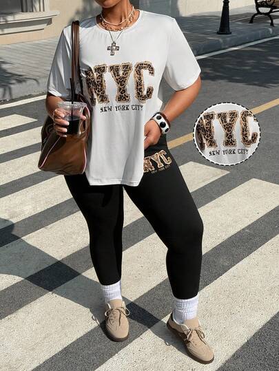 Muchica Bộ 2 áo thun nữ cỡ lớn kiểu dáng thường ngày in họa tiết da báo và thành phố New York.