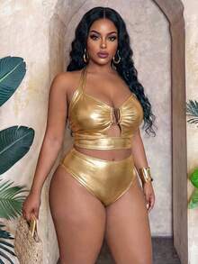 Slaydiva Conjunto de traje de baño para mujer de talla grande con tela de lámina de oro, Primavera/Verano 2026 - Dorado - Ver 8
