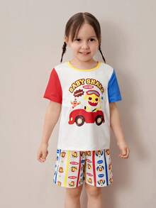 BABY SHARK X SHEIN 2pcs/Set Cute & Casual Young Girls Homewear, Round Neck Short Sleeve Shorts, Comfortable Loungewear - Multicolor - View 3