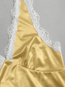 Sweetra Women's Spring French Sweet Lace Trim V-Neck Fitted A-Line Sexy Pink Dress - Yellow - View 4