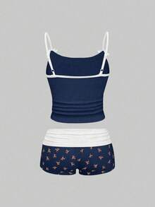 ROMWE J-Fashion Women Cute Deer Embroidered Lace Camisole Top And Deer Print Shorts Set - Navy Blue - View 2