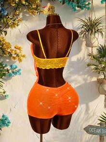 Amplova 女士蕾丝细节垂褶领连体裤，深V领褶皱连体裤，胸部饰有闪亮细节，性感修身连体裤 - 珊瑚橙 - 查看 8