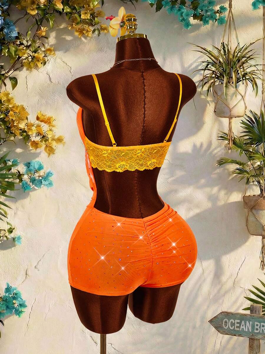 Amplova Mono con detalle de encaje y cuello drapeado para mujer, mono con escote pronunciado y drapeado con detalle brillante en el busto, mono sexy y ajustado - Naranja Coral - Ver 1