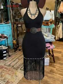 Lunelith SHEIN Lunessa Women's Black Summer Elegant Night Out Tassel Hem Backless Halter Neck Midi Dress,Fringe Bodycon Club Outfits Party Dresses For Ladies Fitted Dress - Black - View 7
