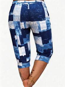 Tropvida Plus Size Denim Effect Print Capri Pants - Multicolor - View 2