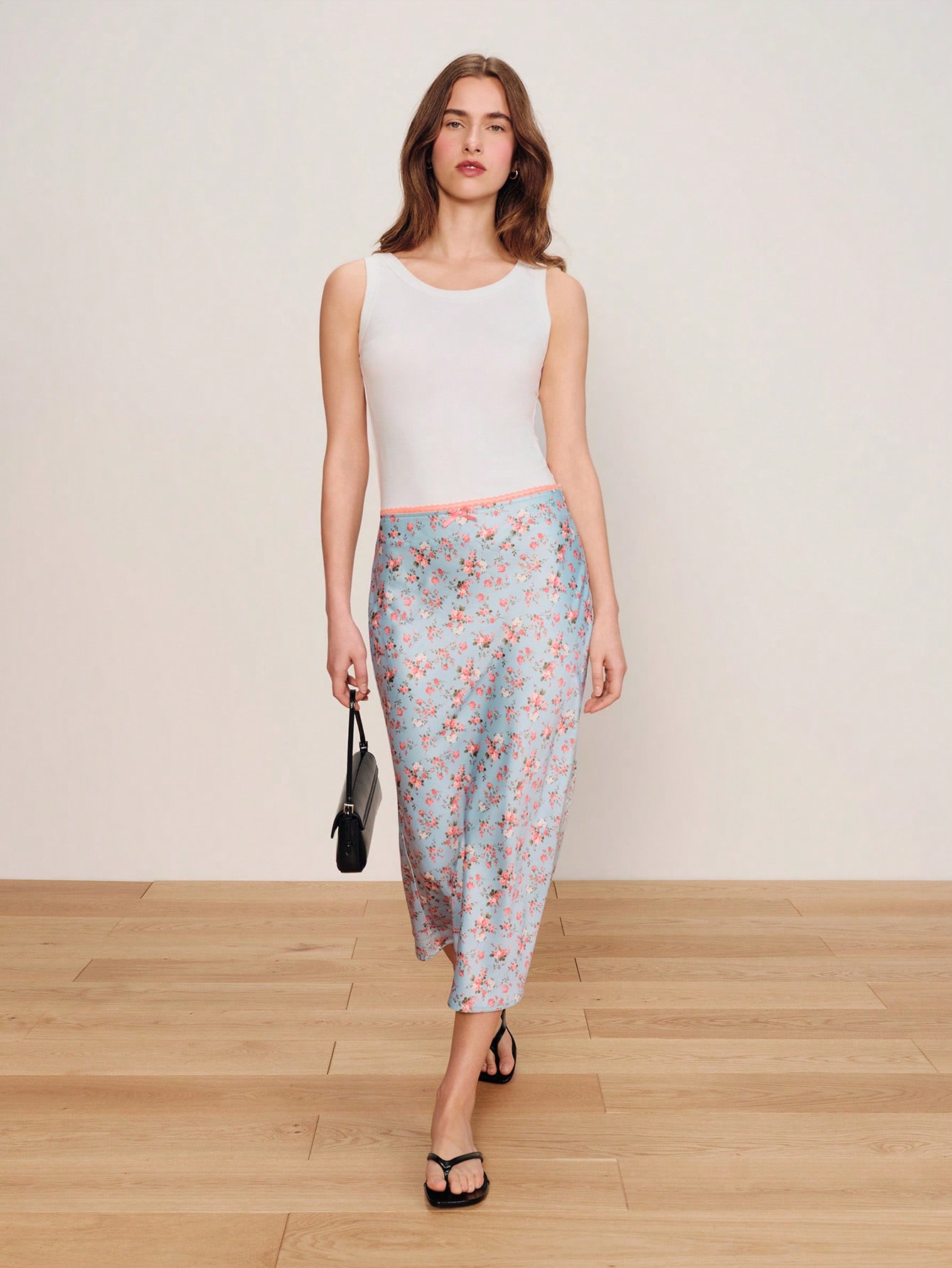 Blue And Pink Floral Print Satin Midi Skirt With Elasticated Waist And Bow Detail Spring Summer French Style Parisian Style Vacation Outfit Going Out Office Outfit Flowy Skirt Flower Satin Skirt