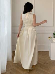 Celisse White Summer Elegant Party Pleated Front Drawstring Waist Dress With Stand Collar,Sleeveless Princess Wedding Gown For Bride Reception Bridesmaid - Apricot - View 2