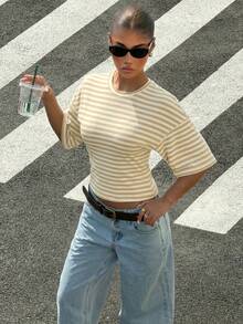 Muchica Women's Summer New Striped Waist Fitted Short Sleeve T-Shirt - Khaki - View 5