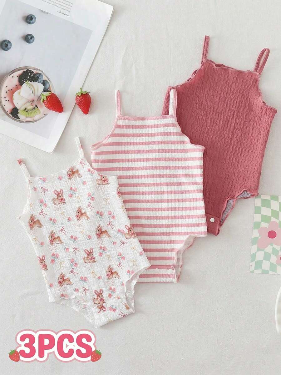 SHEIN Vintaside Kids Bộ áo liền quần dệt kim màu trơn, thoải mái, đa năng cho bé gái, gồm 3 món, thích hợp cho mùa xuân/hè. - Hồng - Xem 1