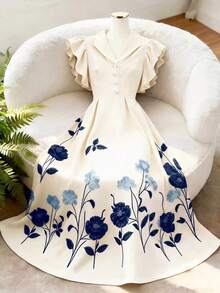 xheGlowEve Vestido de manga abombada de longitud media, de color albaricoque, con estampado floral, cuello de solapa, botones de perlas en la cintura, diseño de línea A, elegante, dulce, encantador, versátil, para uso diario, vacaciones, viajes, citas, estilo francés, retro, primavera, verano, nueva llegadaxhe - Multicolor 3 - Ver 3