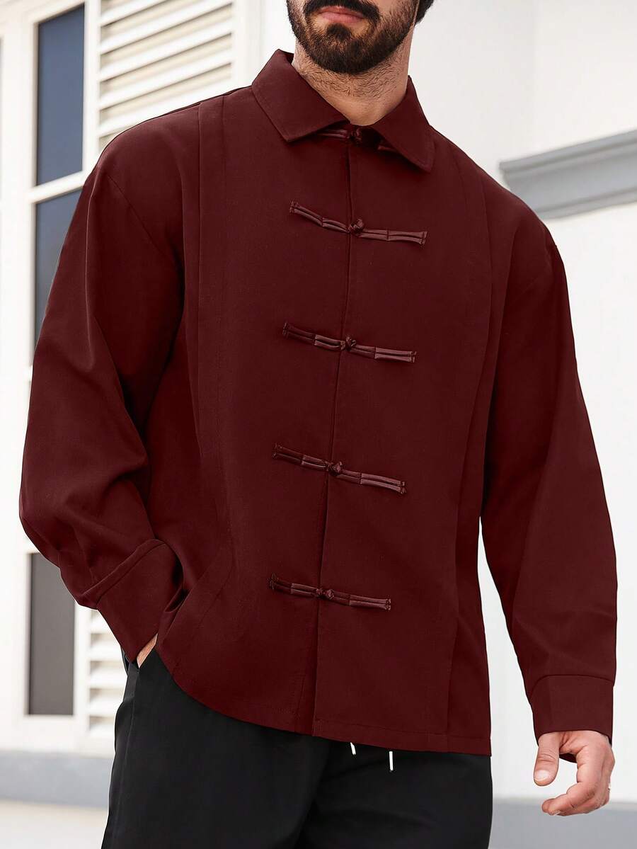 Manfinity Homme Camisa de manga larga minimalista y casual de unicolor para hombres de talla grande - Burdeos - Ver 1