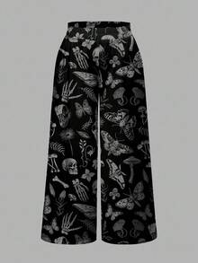 ROMWE Goth 加大码女式神秘女巫哥特宫殿黑暗骷髅飞蛾植物花卉蝴蝶蘑菇叶全身印花宽松阔腿裤 - 黑色 - 查看 5