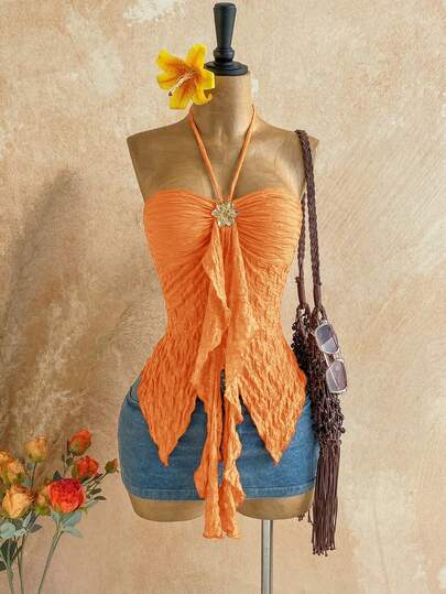 Soleia Women's Asymmetrical Hem Camisole With Seashell Decor, Suitable For Beach Vacation, Summer