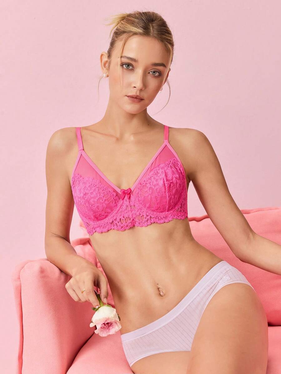 Bonmuse 女士蕾丝拼接纯色钢圈支撑透明文胸 - 玫紅色 - 查看 1