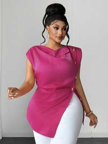 Maweii Camisa elegante sin mangas con solapa de satén y botones metálicos, color rojo rosa, talla grande para mujer - Rosa Fucsia - Ver 1