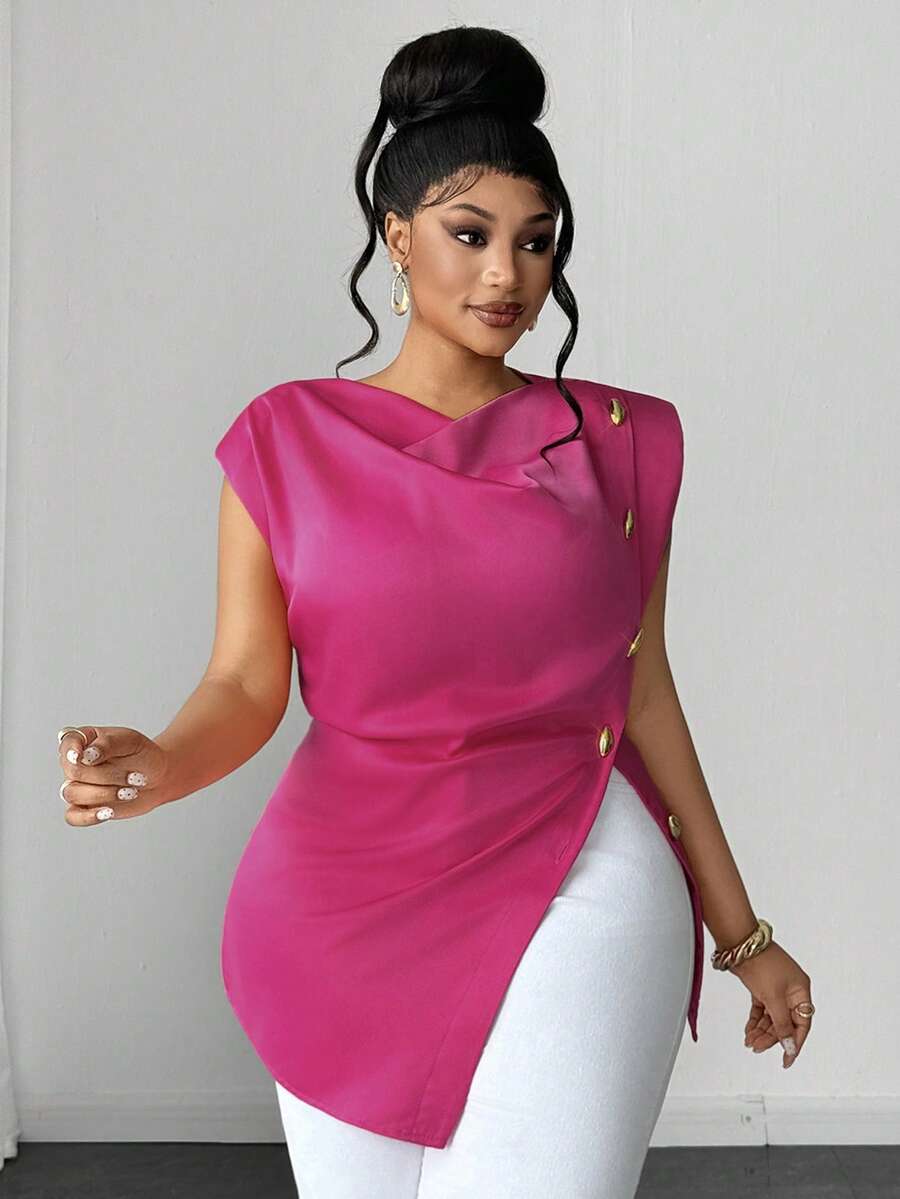 Maweii Camisa elegante sin mangas con solapa de satén y botones metálicos, color rojo rosa, talla grande para mujer - Rosa Fucsia - Ver 1