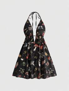 ROMWE Goth Summer Vacation Mushroom Moth Plant All-Over Print Halter Backless Mini Dress - Black - View 1