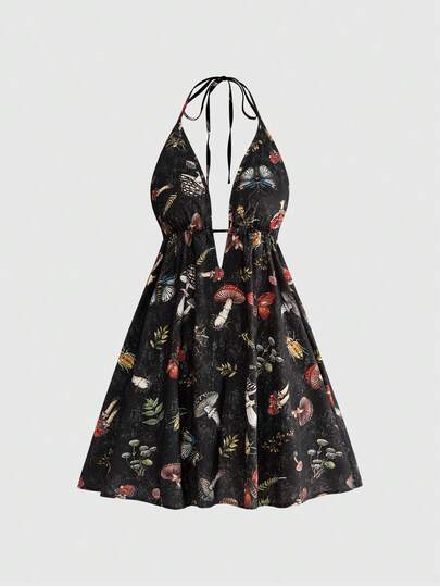 ROMWE Goth Summer Vacation Mushroom Moth Plant All-Over Print Halter Backless Mini Dress