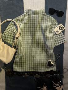 SHEIN 女士休闲复古格子短袖衬衫，Polo领设计，休闲舒适，适合日常穿着、返校季，也可作为礼物送给朋友或搭配服装。 - 彩色 - 查看 2