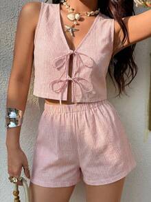 KARISMINA 2 piezas Conjunto informal de mujer con top corto y pantalón corto holgado de cintura alta con estampado de rayas tejido - Rojo y blanco - Ver 15