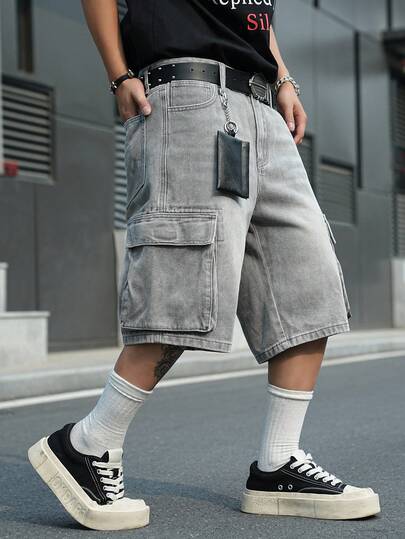 Manfinity EMRG Quần short denim màu xám nhiều túi, phong cách đường phố thường ngày dành cho nam giới.