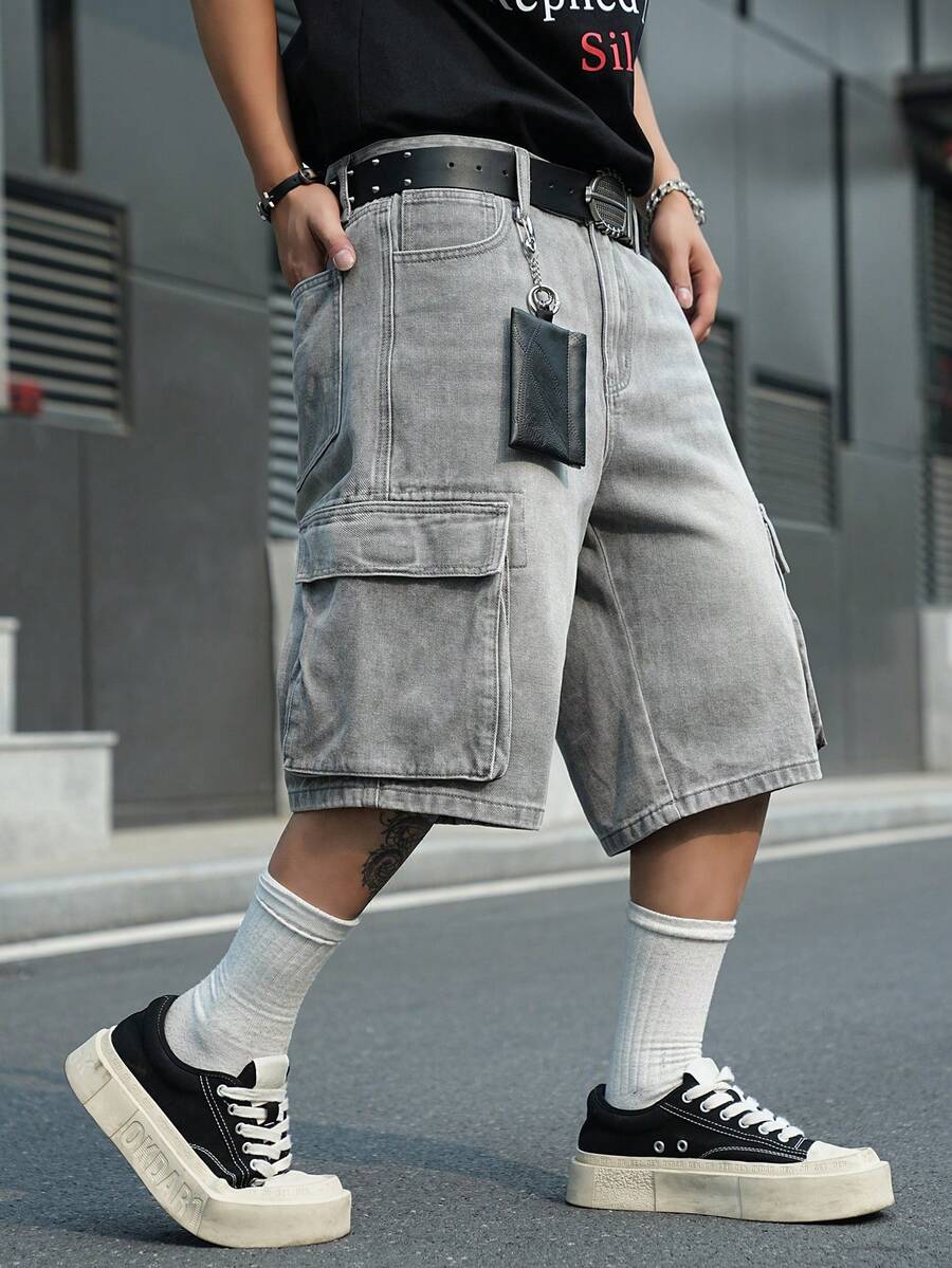 Manfinity EMRG Men's Casual Street Style Multi-Pocket Gray Denim Shorts - Dark Grey - View 1