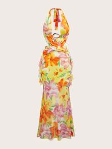 Opulessa Spring & Summer Vacation Knitted Mesh Printed Halter Backless Dress For Women - Light Yellow - View 10
