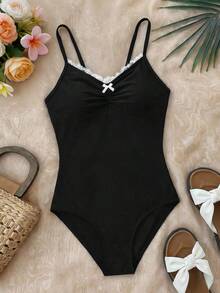 SHEIN Tween Girls' Ruffle Splice Front Ruched Bow One-Piece Swimsuit - Black - View 1