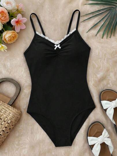 SHEIN Tween Girls' Ruffle Splice Front Ruched Bow One-Piece Swimsuit