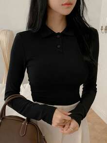 Dazy-Less Women's Casual Everyday Commute Simple Solid Color Long Sleeve Fitted Polo Shirt, Spring/Autumn - Black - View 4