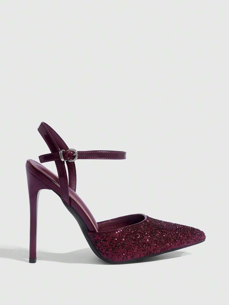 CUCCOO SZL Women Shoes Women's Pointed Stiletto Burgundy Shiny Glitter Ankle Strap Buckle Temperament Elegant Fashion Sexy Women's High Heels Shoes Slingback Shoes Suitable For Parties, Parties, Banquets And Other Occasions Women's Shoes