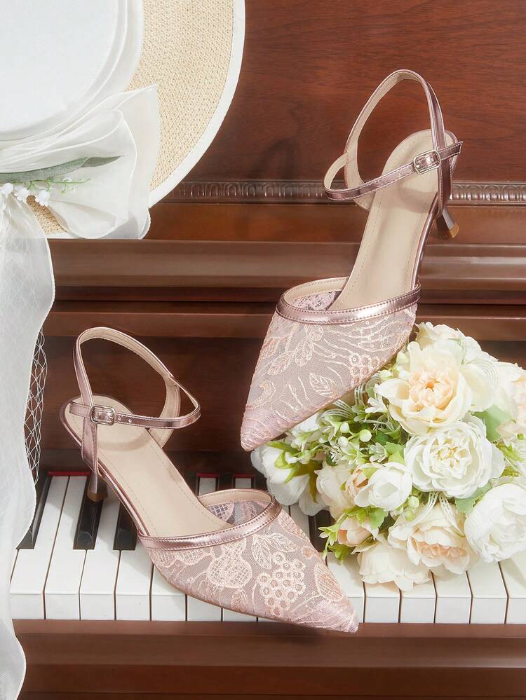 CUCCOO HITCHD Women's High-Heeled Shoes, Exclusive Shoes For Bridal Weddings, Pink Glossy Splicing Lace Embroidered Pointed Thin High Heels, Mesh Breathable, Adjustable Buckle For Rear Straps, Elegant Fairy Streamer Shoes, Wedding Dress/Toast Clothes With Banquet Women's Shoes